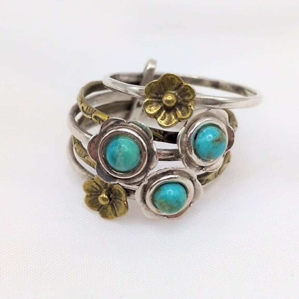 Sterling Silver 925 and Brass Multi Stacked Band Floral Blue Stone Ring Size 8.5